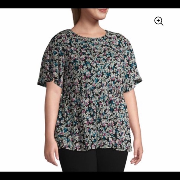 Top Blouse Plus Drop Shoulder Flutter Sleeve black floral print  2X(20w-22w) - Picture 6 of 6